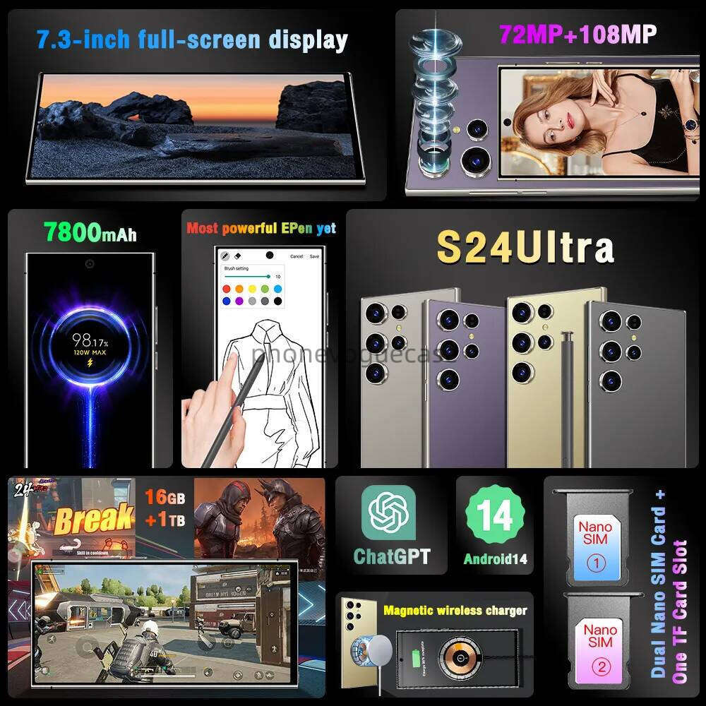 S24 Ultra Smartphone 7.3-Inch HD Screen Android 14 Phone Snapdragon 8 Gen 2 Cpu,16Gb+1Tb Cell Phone,78Mp+108Mp Camera Pixels 7800Mah Battery 5G Dual S