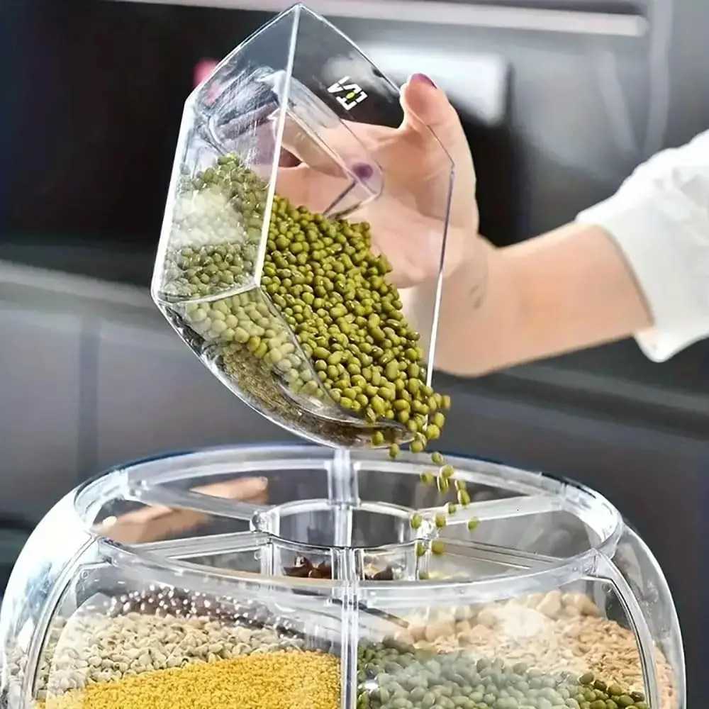 360 rotating food dispenser One-Click Output rice Storage Round Grain Dispenser Kitchen for Grains Beans Rice Y251126