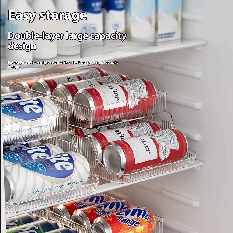 Large Capacity Kitchen Refrigerator Can Storage Rack Dual Layer Foldable Beverage Organizer Automatic Slide Out Boxes Y251126