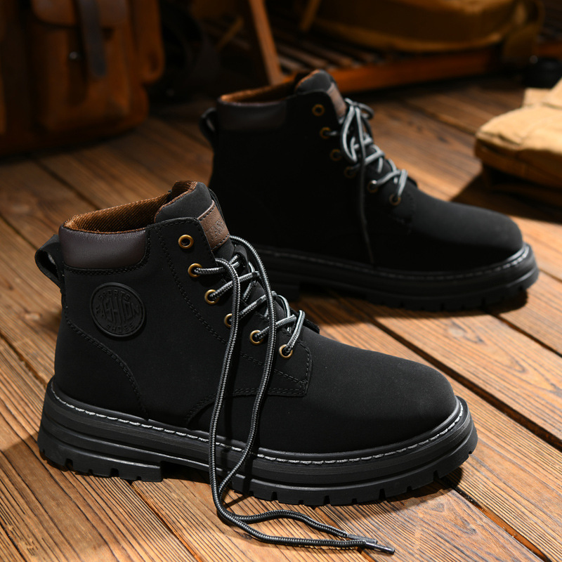 Free shipping men yellow leather casual boots lace up logo design thick soled anti slip comfortable durable versatile daily wear fashion sporty casual