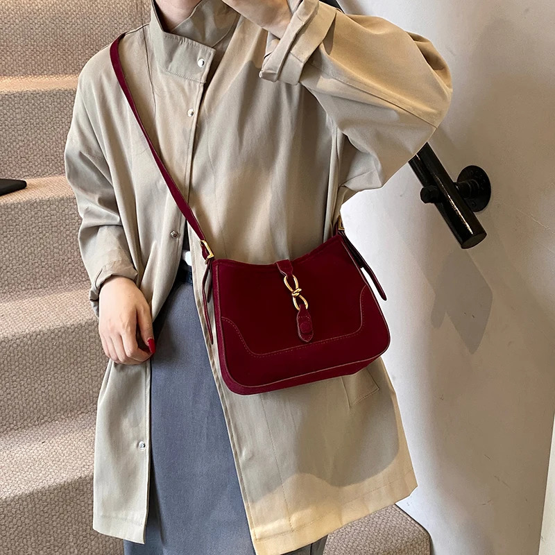 Winter Trendy Frosted PU Leather Shoulder Bag for Women Quiet Burgundy Bag Lady Solid Color Crossbody Bags Suede Purse 250425
