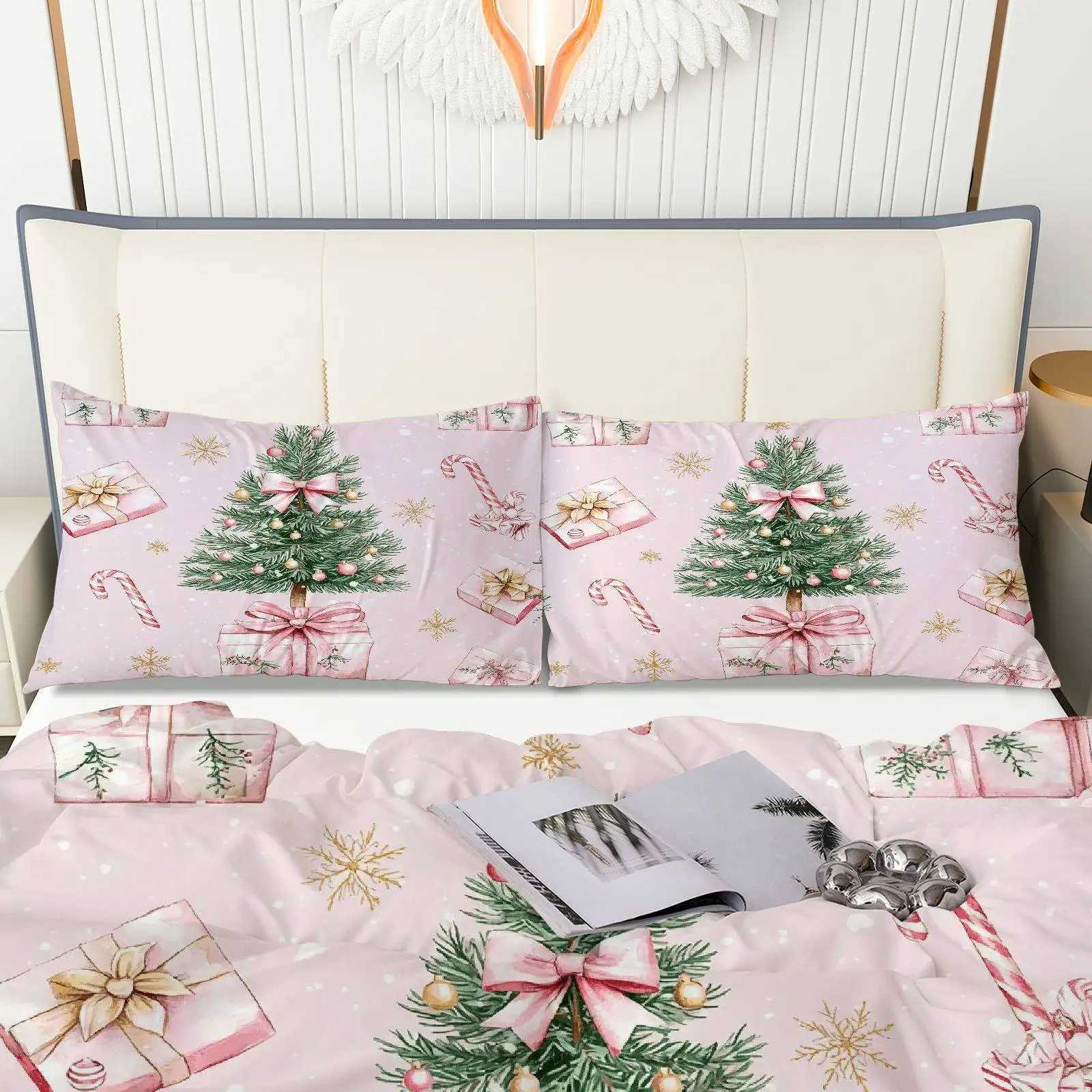 Christmas 3pcs Christmas Tree Candy Cane Duvet Cover Set - Soft Pink Golden Bedding with Zipper Closure All-Season Cozy Decorative Y251126