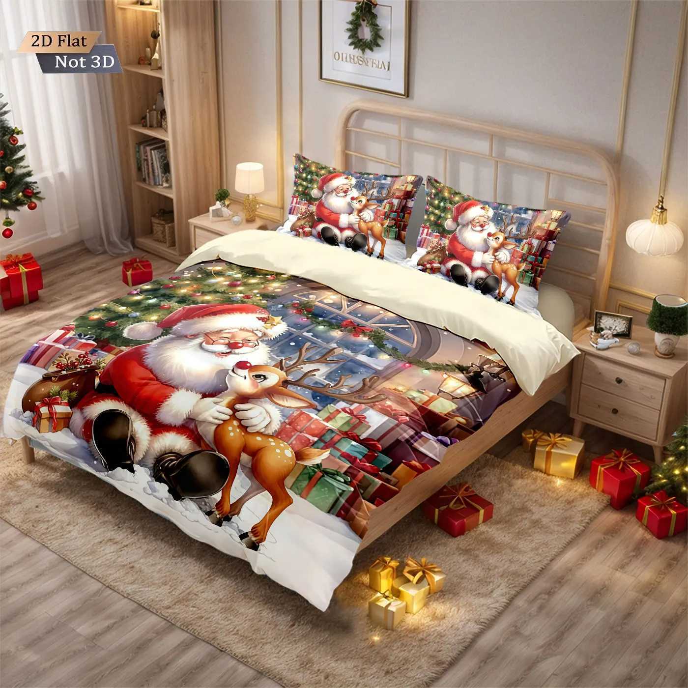 Christmas 3pcs Cartoon Santa Claus Gift Printed Chipless Bedding Set Soft Dormitory Bedroom Multiple Sizes Machine Washable Y251126