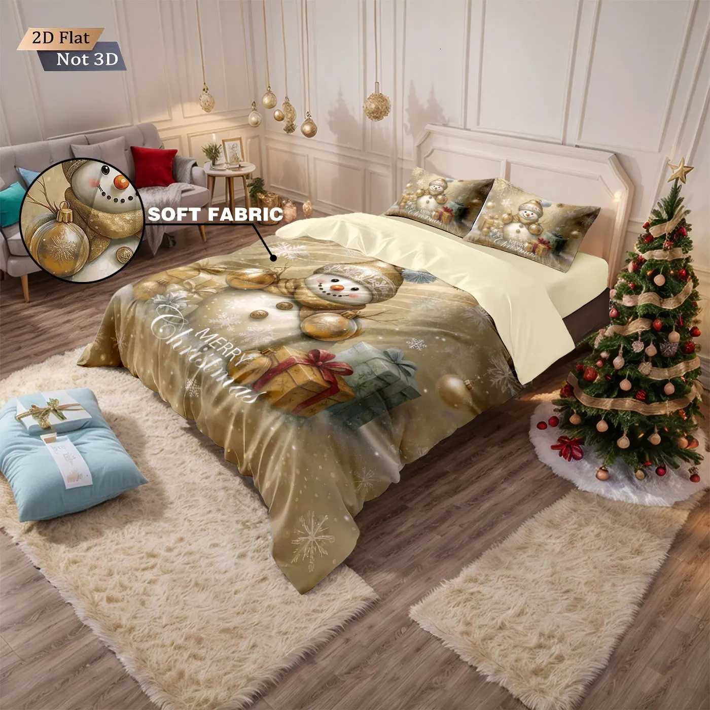 Christmas 3pcs Golden Christmas Snowman Printed Chipless Bedding Set Soft Dormitory Bedroom Multiple Sizes Machine Washable Y251126