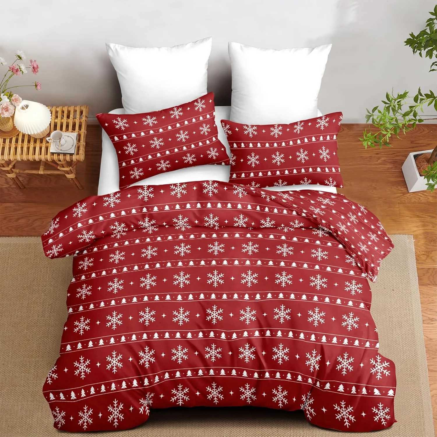 Christmas Christmas Duvet Cover King Holiday Bedding Set Red White Snowflake Christmas Tree Striped Duvet Cover Xmas Theme Bedding Gifts Y251126