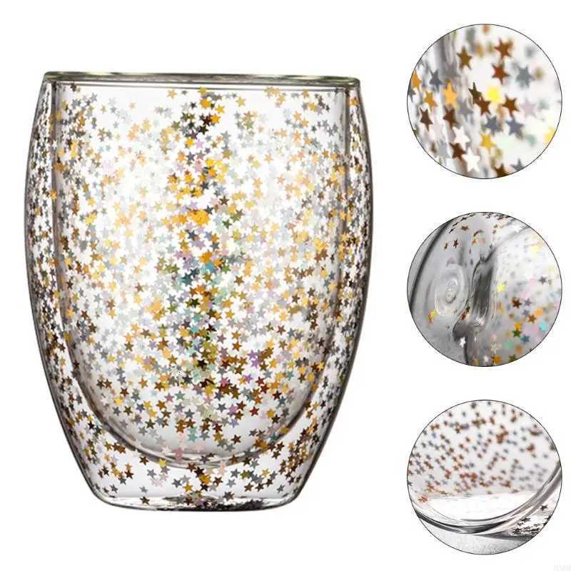 2025 New for Creative Double Wall Glass Cups Sequins Star for Glasses Mugs for Home C251126