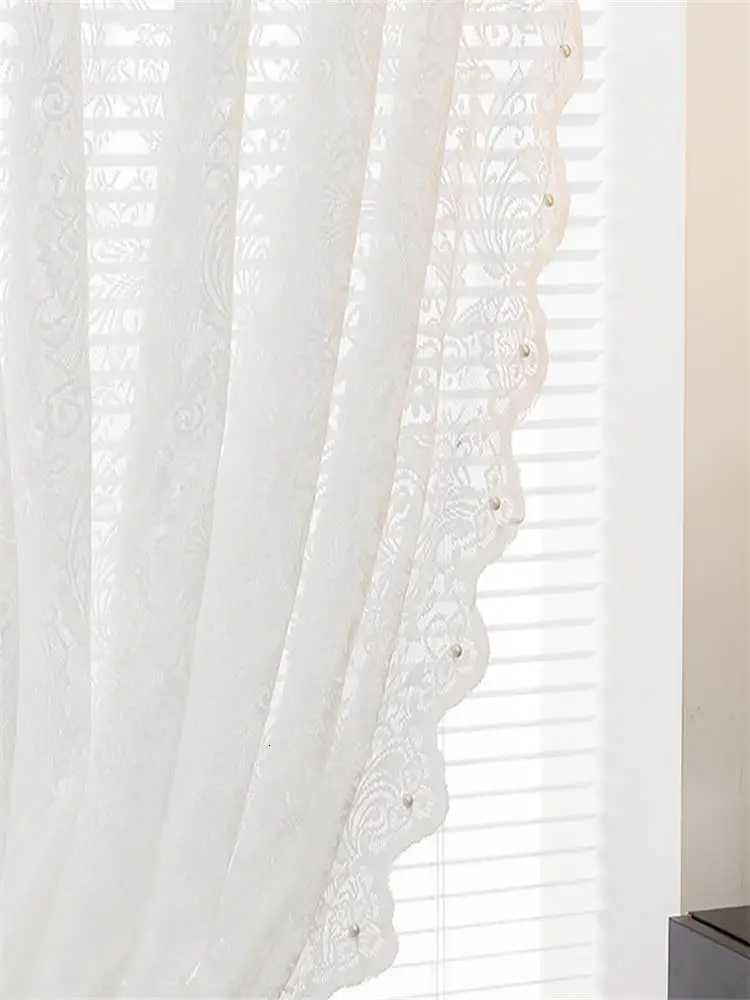 Curtain Christmas French white vintage warp knitted lace beaded gauze curtains in the living room bedroom bay window partition wave lace Korean Y25112