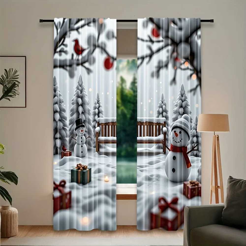 Curtain Christmas 2PC Snowman Cardinal Sheer Curtains Light-Filtering Polyester Snowy Forest Print Rod Pocket Top All-Season Holiday Decor Y251126
