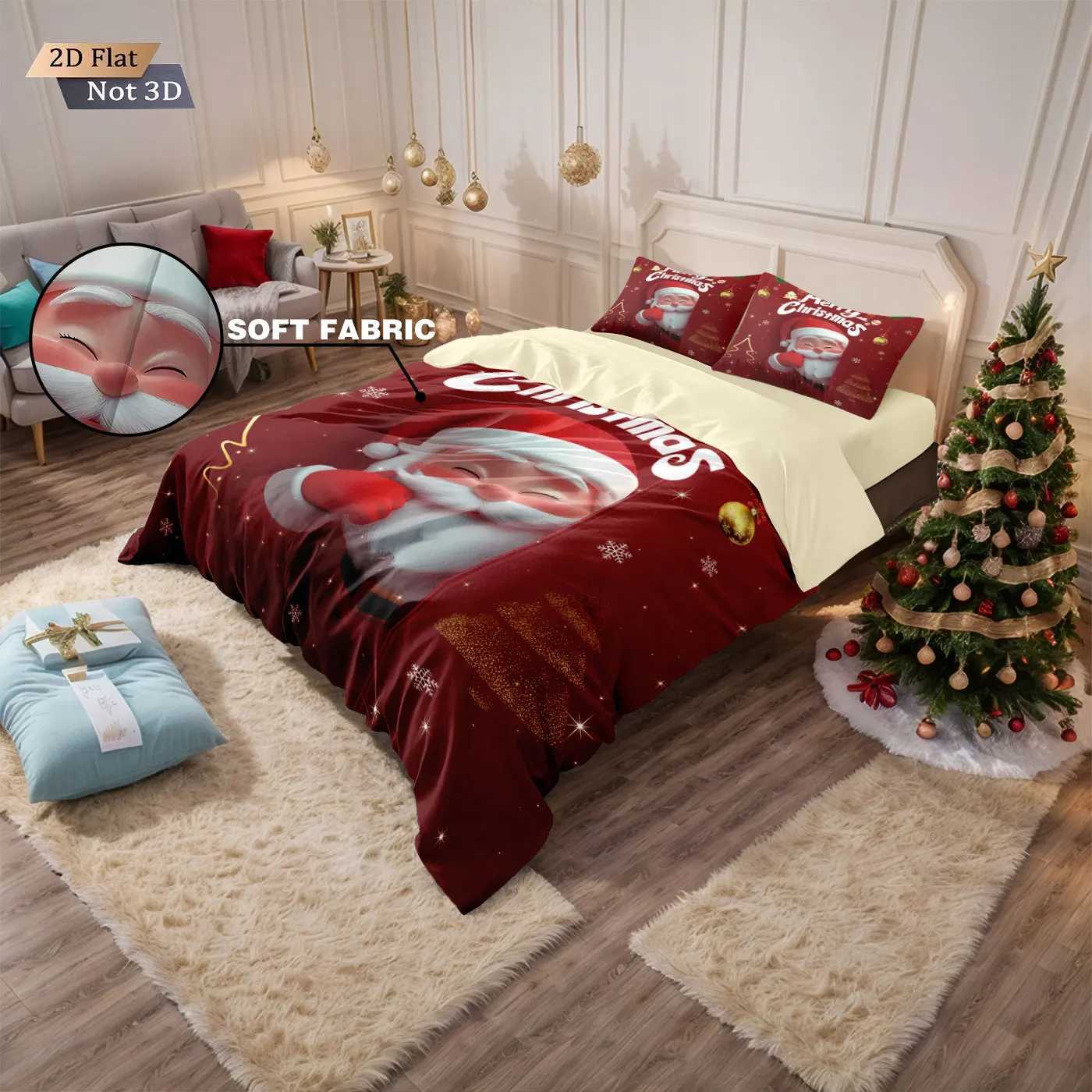 Christmas 3pcs cartoon Santa Claus red printed coreless duvet cover set multi size bedroom bedding holiday decoration machine washable Y251126