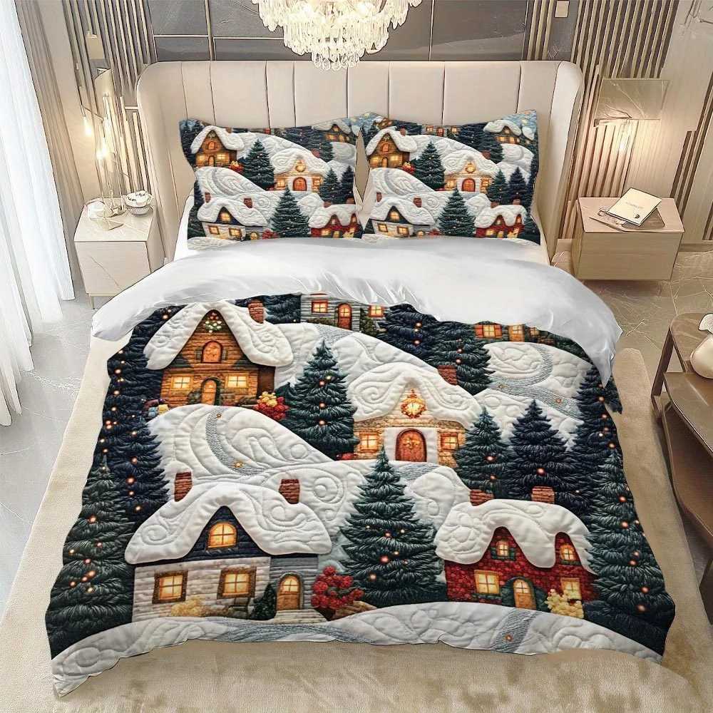 Christmas Latacaca 2/3pcs Christmas Themed Duvet Cover Set Snowy Village Bed Cover Set Festive Winter Bedding Set 1 Duvet Cover Y251126