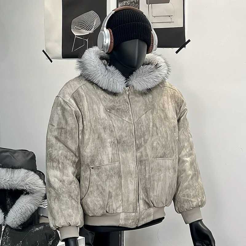 Y2K Cotton jacket with fur collar eagle embroidered and tie-dyeed winter mens design outdoor jacket thick and comfortable M251126