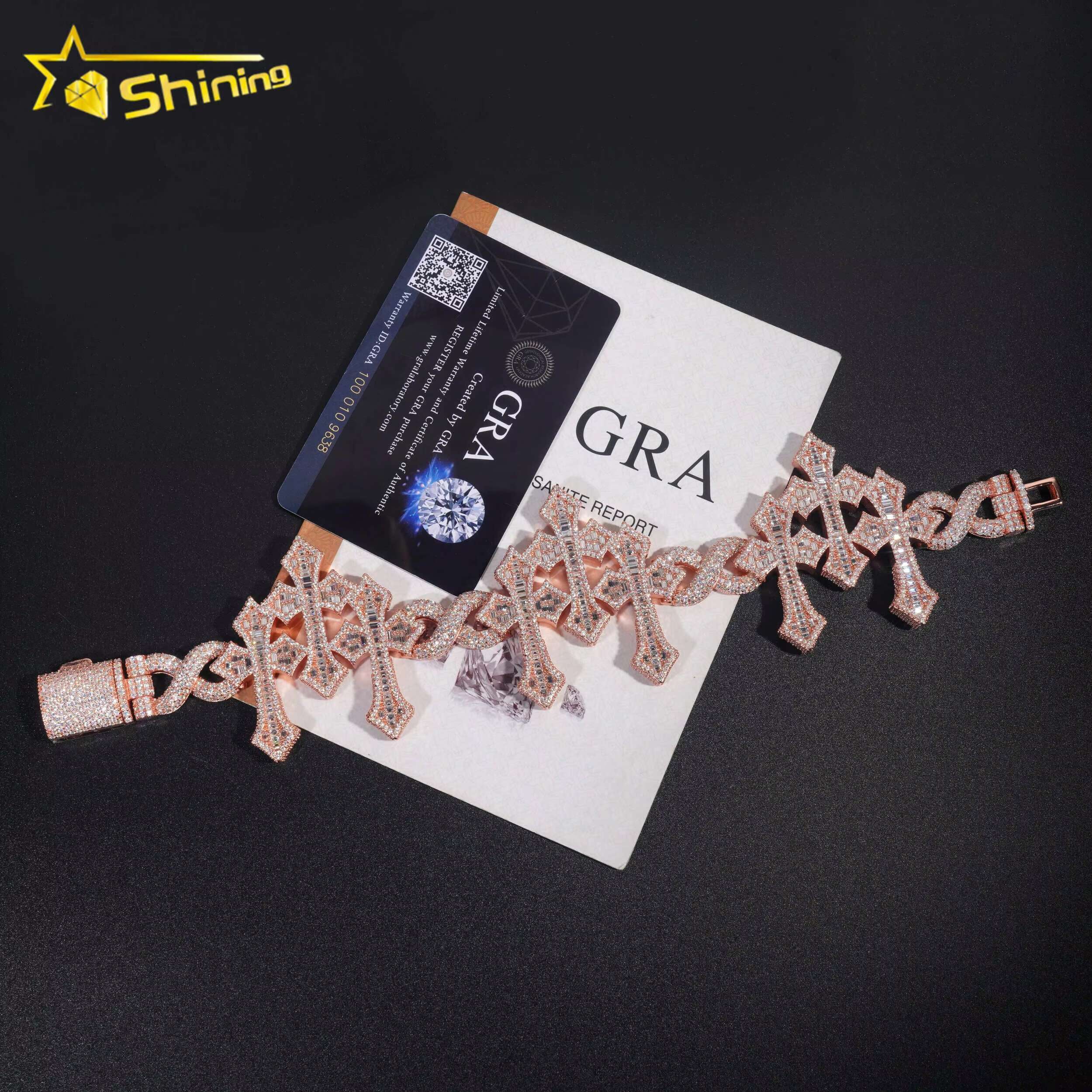 Pass Diamond Tester Silver 925 Gold Plated Custom Mens Hip Hop Jewelry Cross Baguette VVS Moissanite Cuban Bracelet