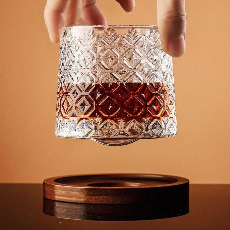 Retro Rotating Whisky Glass Cup with Bamboo Coaster Spinning Top Stress Wine Enjoyable Cups Home Bar Drinking Utensils C251126