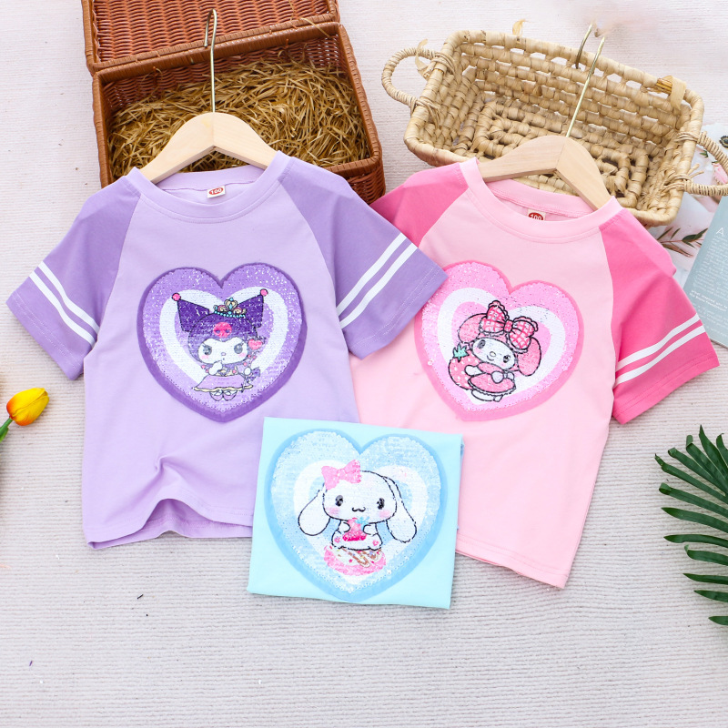 DISNEY toddler designer clothes Children's short-sleeved children's short-sleeved designer sequin summer make-up clothes top T-shirt Girls&#