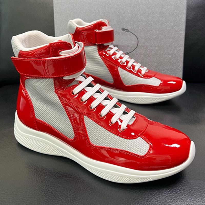 Classic Men High Top Americas Cup Sneakers Designer High Top Shoes Red Lacquer Breathable Mesh Lacquer Leather Upper Flexible Rubber Sole Hook Loop Lace Casual Shoes