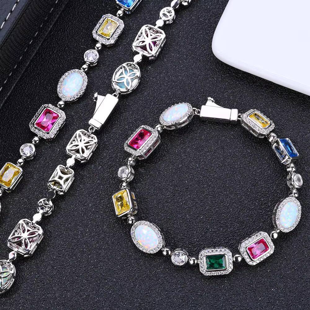 NUOYA Fashion Chain Bracelet White Gold Plated Colorful Opal Geometric Diamond Link Chain Bracelet Womens Jewelry