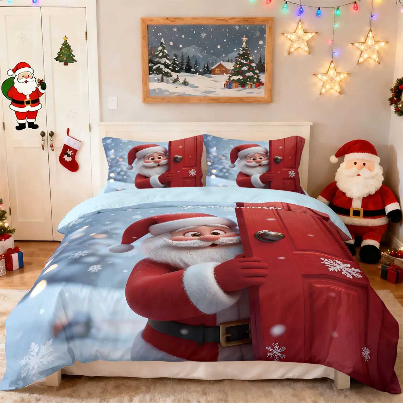 Christmas 3pcs cartoon Santa Claus printed coreless duvet set multi size bedroom bedding holiday decoration machine washable Y251126