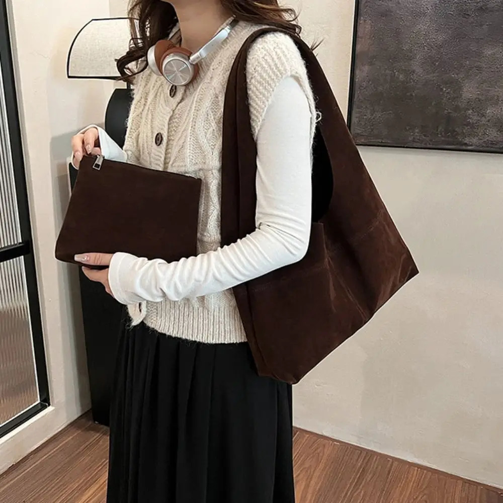 Casual Handbag Suede Shoulder Bag Brown Solid Color Hobo Bag Korean Style Fashion Ladies Tote Bag Streetwear 251124