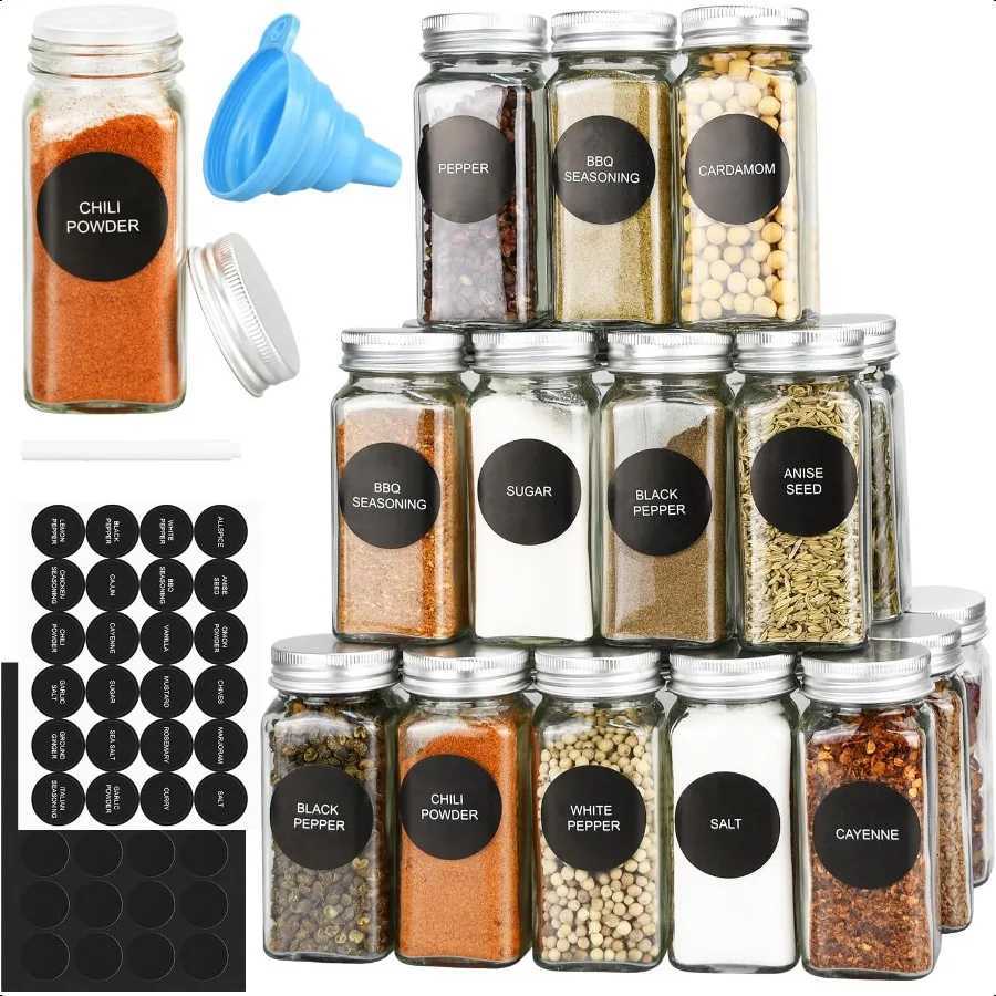 DkOvn 12 24 36 48pcs Glass Spice Jars 4oz Empty Spice Jars with Metal Caps Labels Shaker Lids Collapsible Funnel Chalk Pen Seas Y251126