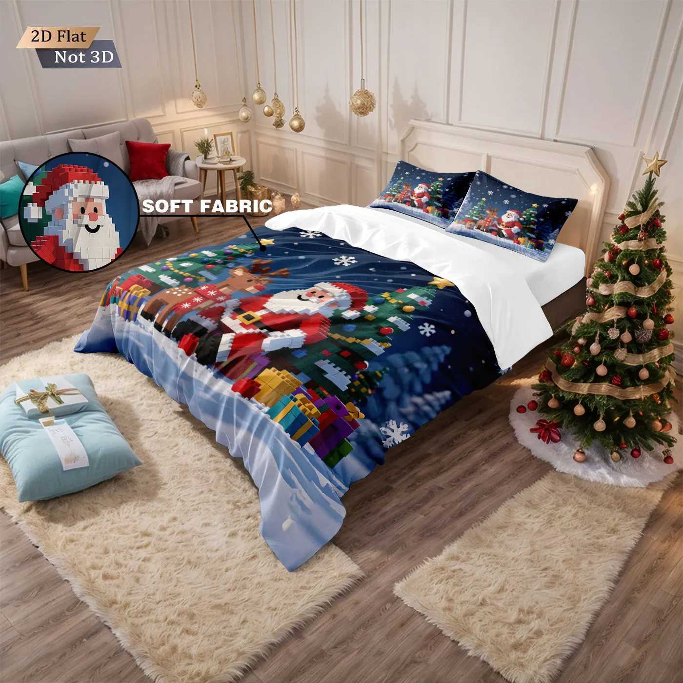 Christmas 3pcs building block cartoon Santa Claus print coreless duvet cover set multi size bedroom holiday bedding holiday decoration Y251126