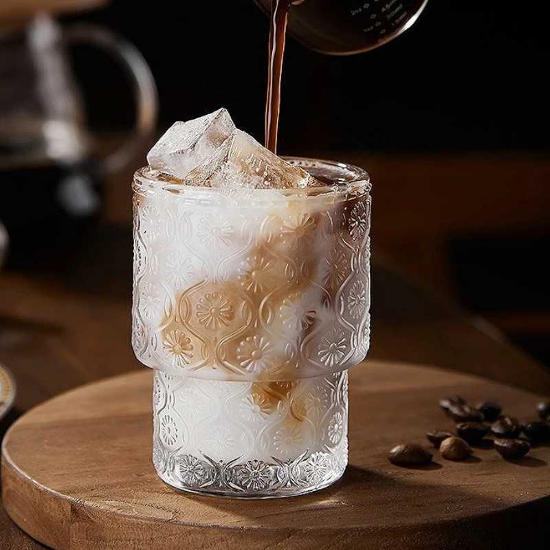 200ml Retro Sunflower Pattern Glass Cup Latte Coffee Mugs Household Cold Drink Cup Creative Wine Glass Transparent Beverage Cup C251126