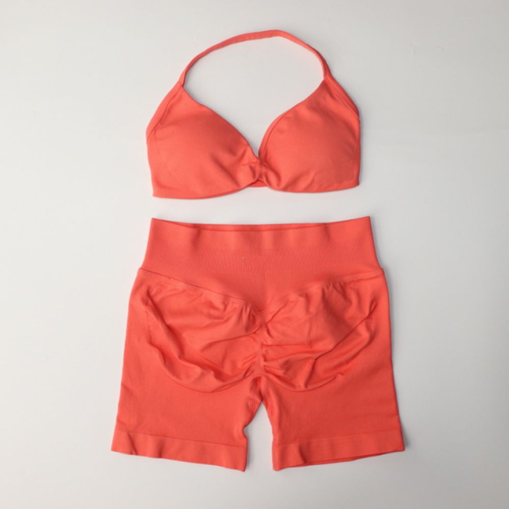 Designer 2 Piece Seamless Yoga Set High Waist Scrunch Shorts Strappy Sports Bra Backless Workout Outfit Gym Clothes for Women