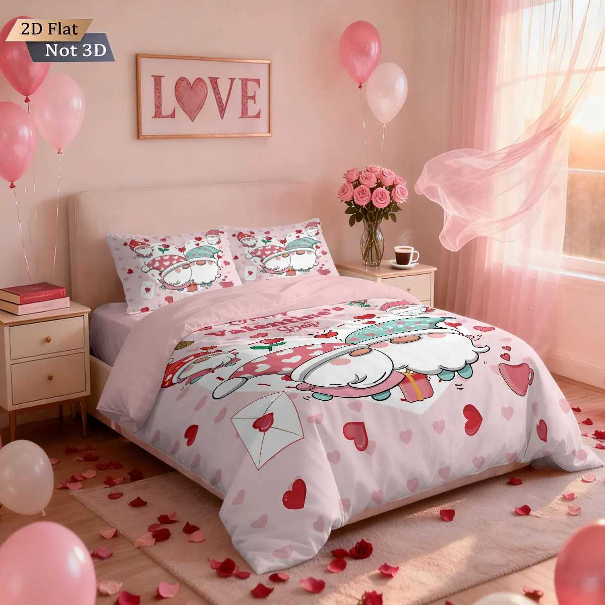 Christmas 3pcs Valentines Day Pink Christmas goblin print coreless duvet set multi size bedroom dormitory bedding holiday decoration Y251126