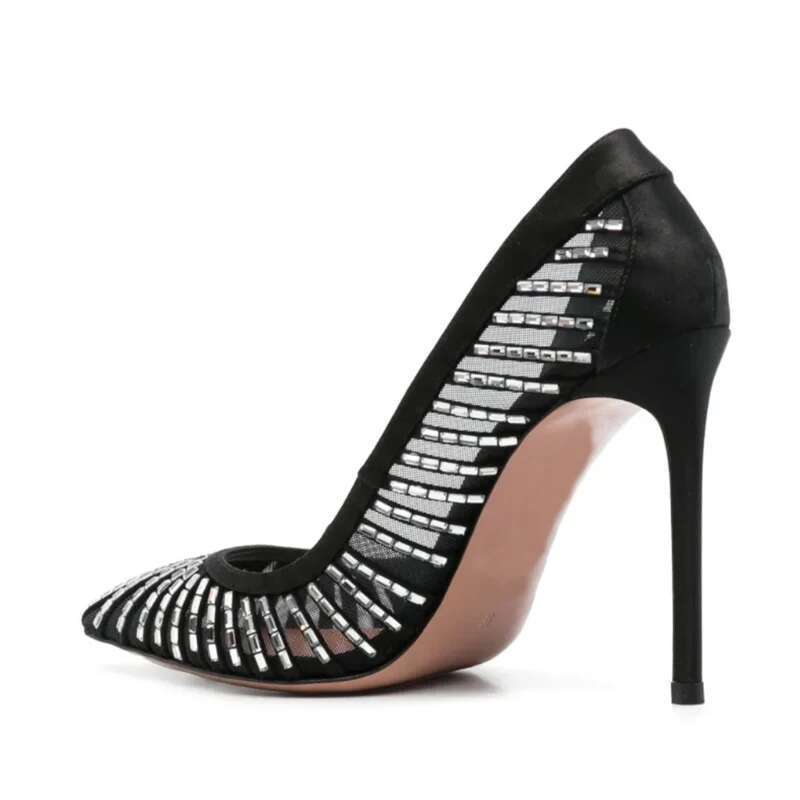 Spring and summer new crystal mesh satin pointed toe shallow shoes thin high-heeled banquet dress small size women's sandals