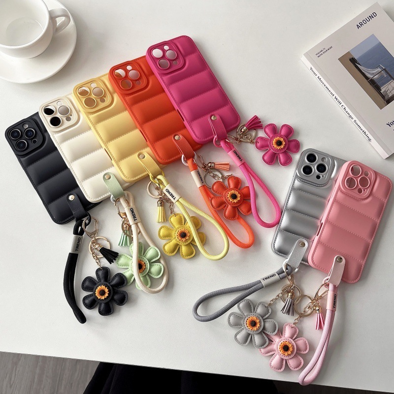 Solid Color Phone Case Compatible with iPhone 17 Pro Max Lanyard Sunflower Protective Case iPhone 16/15 Pro