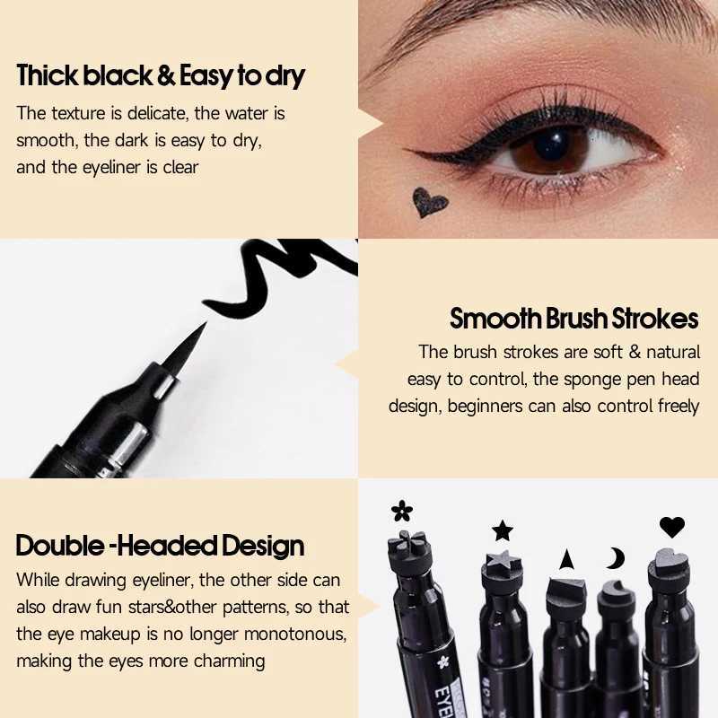 1pcs Black Eyeliner Pen Waterproof Not Blooming Long-lasting Eye Pencil Double Head Moon Star Heart Flower Liquid Eyeliner PenT251126