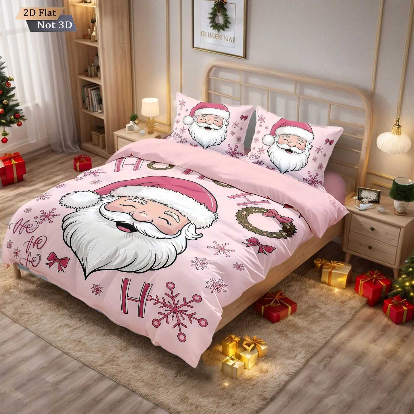Christmas 3pcs pink Santa Claus printed coreless down duvet cover in multiple sizes soft bedroom bedding decoration machine washable Y251126
