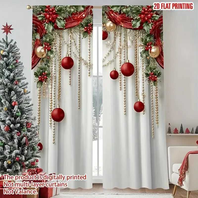 Curtain Christmas 2pcs Xmas Ornament Holly Curtains Light Filtering Decor Polyester Xmas Holiday Window Home Living Bedroom Rod Pocket Y251126