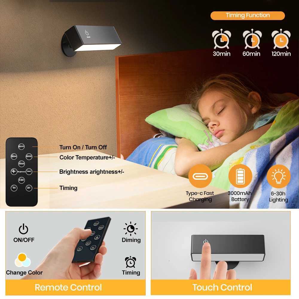 Rechargeable Wall Sconces with Remote 3 Color Temperatures Rotatable LED Wall Bedside Lamp Portable Reading Light Mirror Lamp M251126