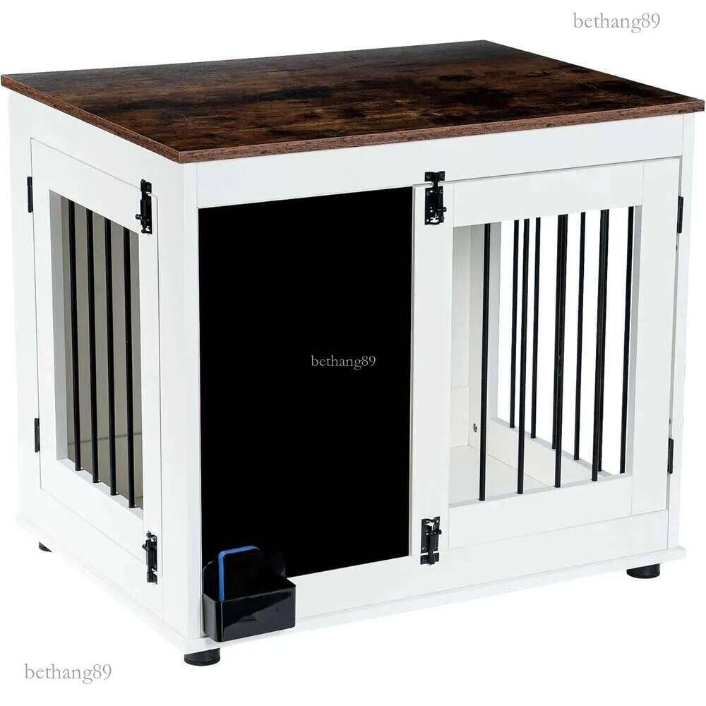 US STOCK DEJUUAN Wood with Graffiti Board Double Doors and Chewable Indoor Dog Crate for Be Used as TV Display Stand, Side Table, White