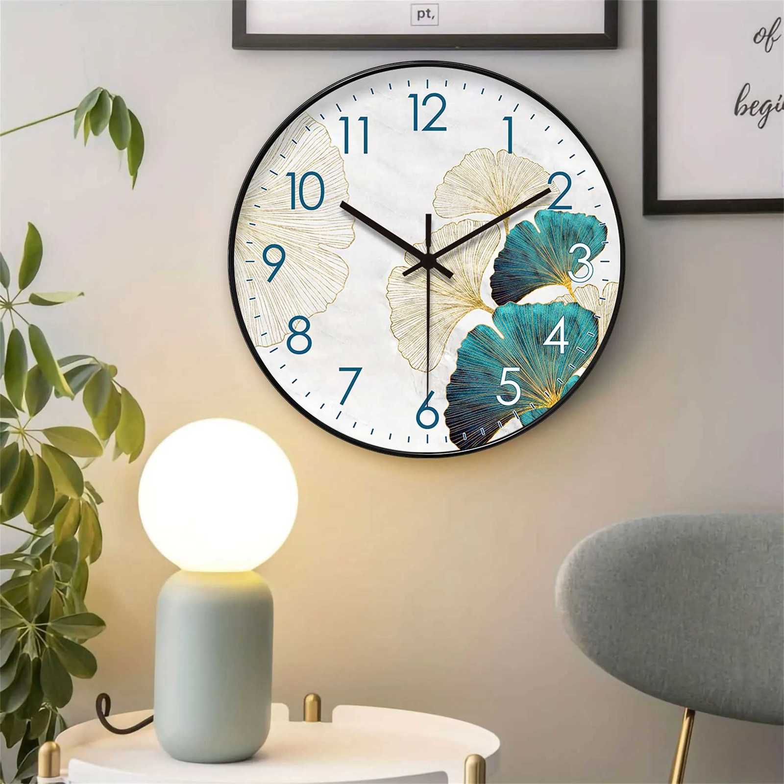 1pc modern simple wall clock golden Ginkgo leaf and peacock blue ginkgo leaf design wall clock home silent wall clock suitabl C251126