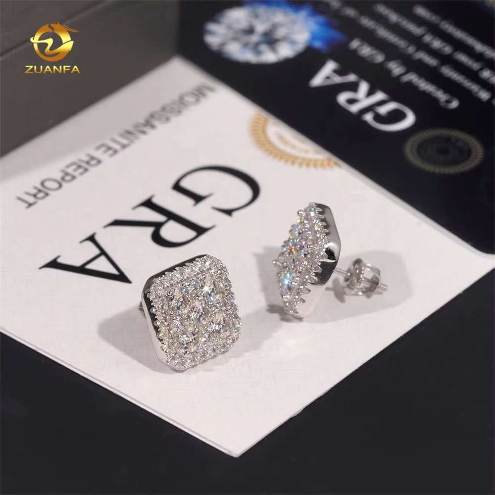 Big Luxury Iced Out Square Hip Hop Moissanite Diamond Mens Earring 925 Sterling Silver Earrings for Men