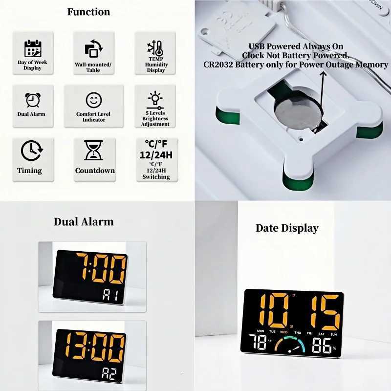 Large Digital Wall Clock TEMP Humidity Week Comfort Level 2 Alarm Snooze Table Clock 12/24H Timer 5-level Brightness LED Clock C251126