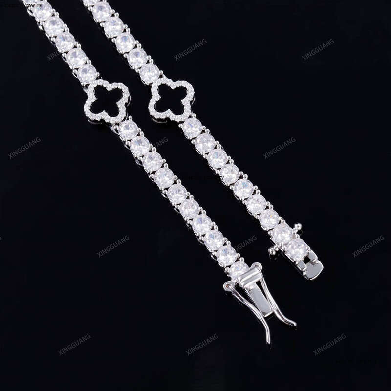 GRA Certificate Hip Hop 925 Sterling Silver Natural Agate 3mm 4mm 5mm VVS1Moissanite Diamond Clover Bracelet Tennis Chain