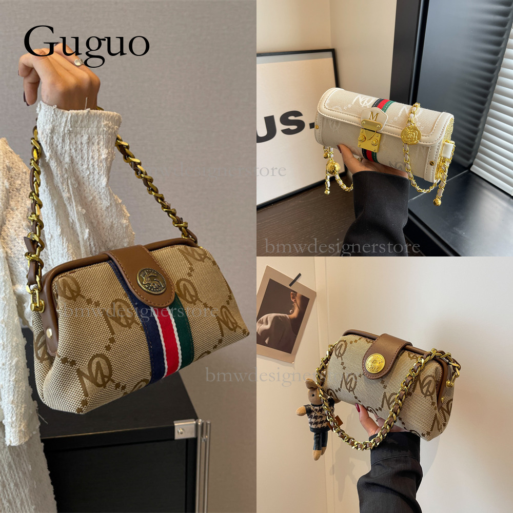 Guguo Designer Luxury Women's Vintage Floral Handbag Retro Fashion Metal Buckle Chain Shoulder Crossbody Bag Lightweight And Trendy Printed Strip