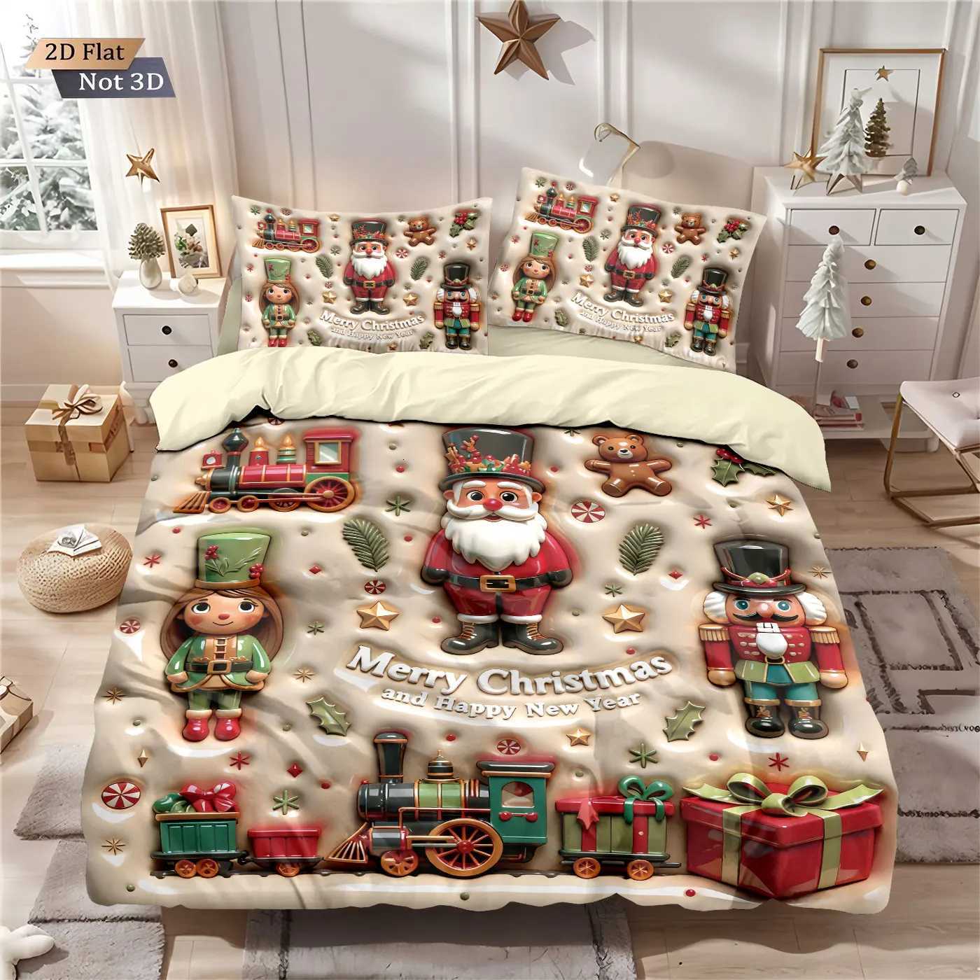 Christmas 3pcs imitation relief Santa Claus print coreless bedding set soft dormitory bedroom multiple sizes machine washable Y251126
