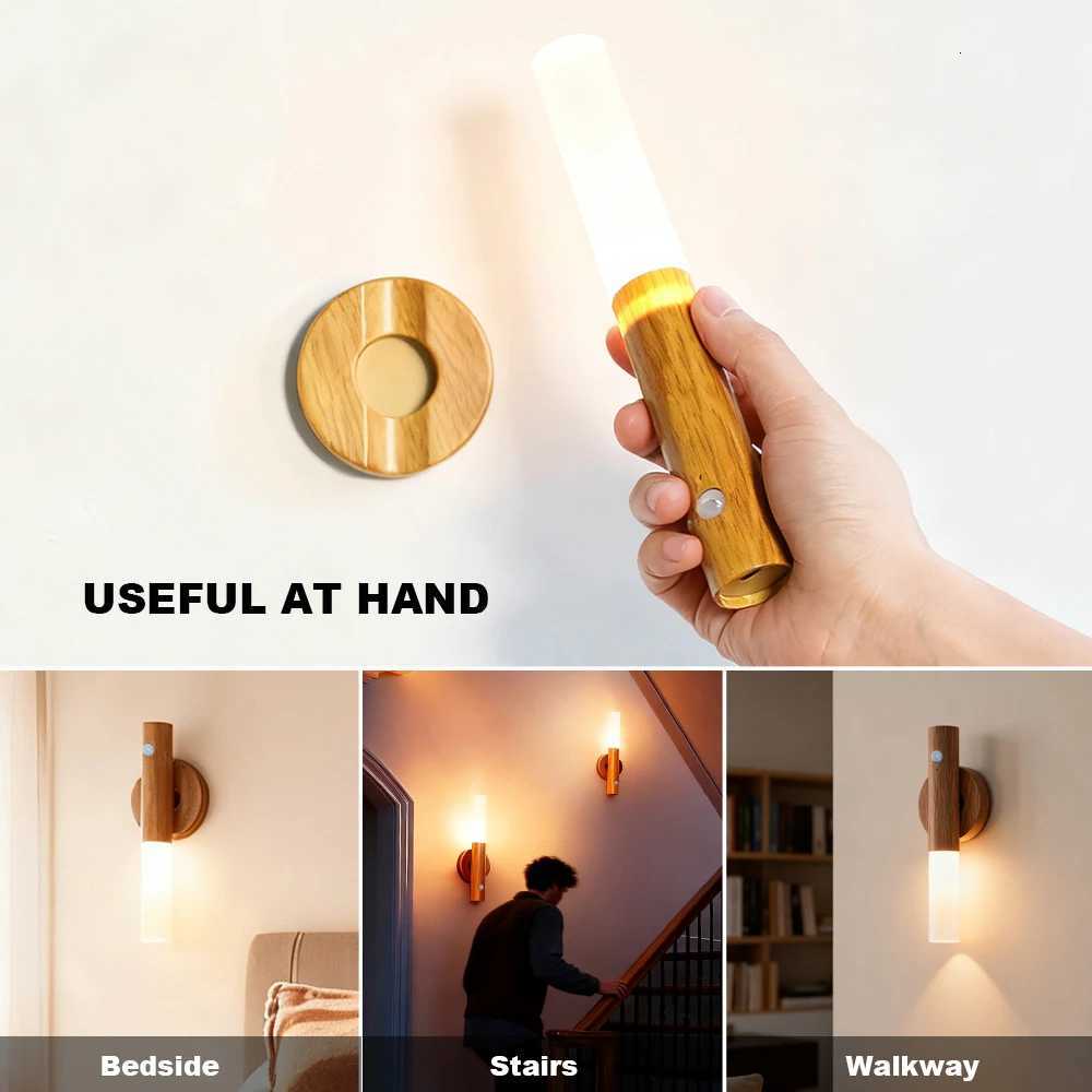 Magnetic LED Wall Light PIR Motion Sensor 360Rotation LED Rechargeable Night Light Wood Wall Lamp Kitchen Cabinet Light Lamp M251126