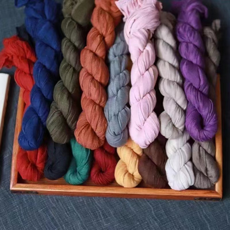 K530 Foreign trade cotton and linen scarf color matching twisted wrinkled scarf women's thin silk scarf pleated scarf versatile solid color shawl