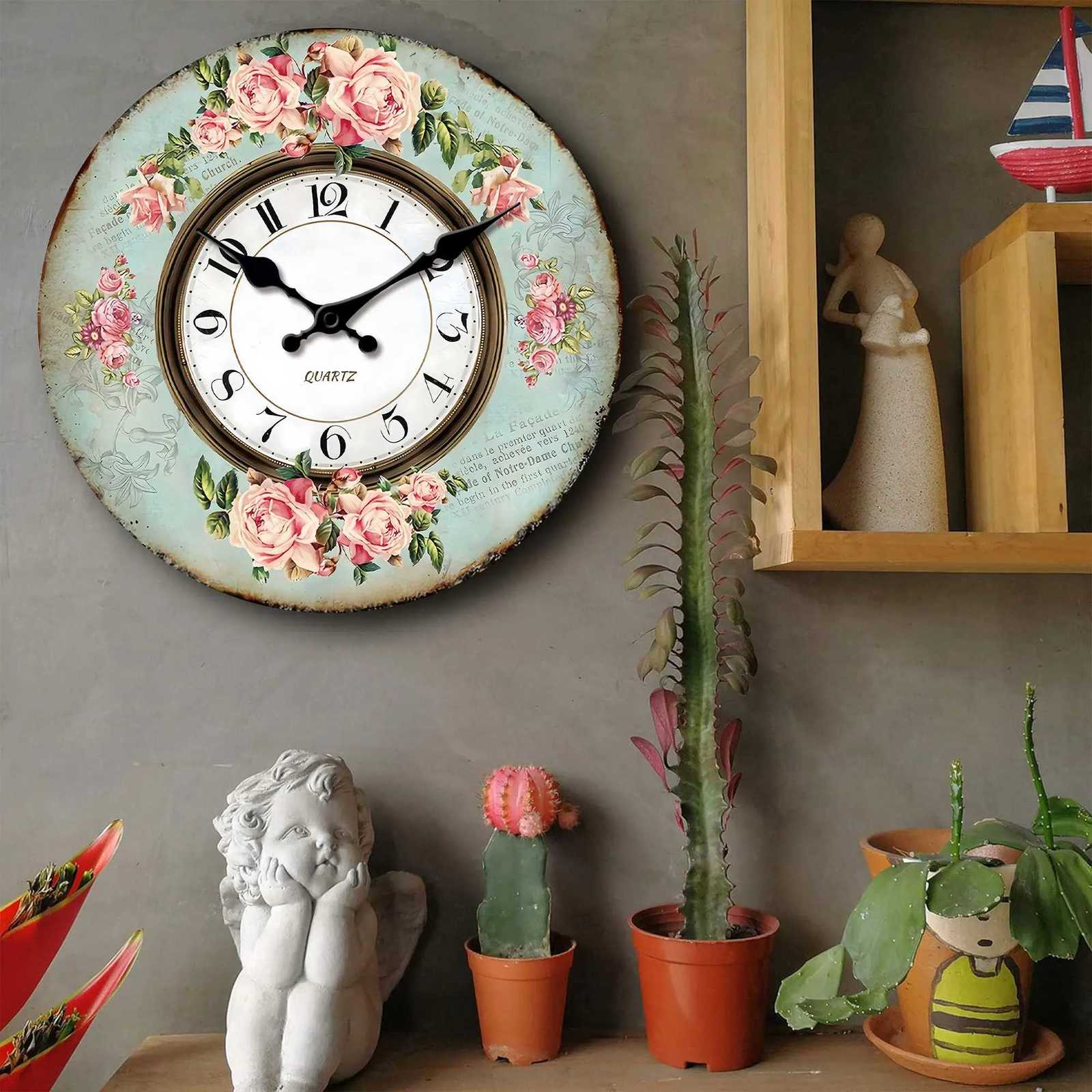 Retro romantic pink rose design light cyan wall clock 10-16 inches silent quartz suitable for living room bedroom patio C251126