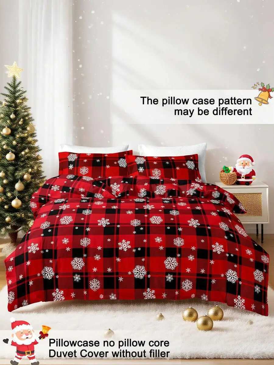 Christmas 3pcs/Set Christmas Red Grid Santa Claus Snowflake Print Duvet Cover Set1 Duvet Cover 2 PillowcaseSoft And Skin-Friendly Y251126