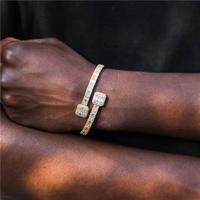 Icy Gold Plated Hip Hop Diamond Jewelry CZ Adjustable Open Bangle Iced Out Baguette 3A Diamond Bracelets Bangle for Women Men