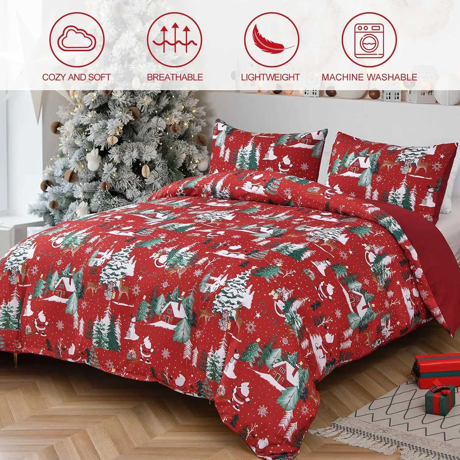 Christmas Red Merry Christmas Duvet Cover Set - Double Santa Claus Christmas Tree Snowflake Pattern Soft Microfiber Bedding Set Y251126