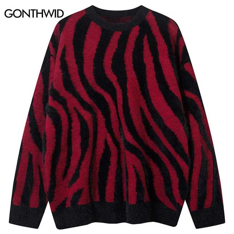 Men Oversized Sweaters Y2K Knitted Color Block Striped Pullover Cozy Sweater Hip Hop Harajuku Long Sleeve Jumpers Streetwear Red J251136