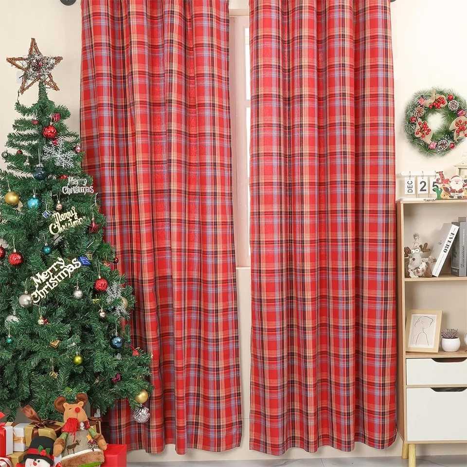 Christmas 1pc Christmas Green Plaid Grommet Curtain Festive Window Decor for Holiday Living Room Dining Room Y251126