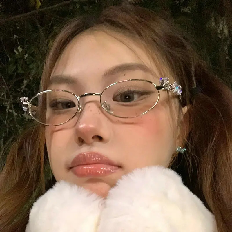 Womens Punk Retro Silver Anti Blue Light Eyewear Rhinestone Stainless Steel Oval Frame Glasses Girl Reading Seaside Spectacles 250424