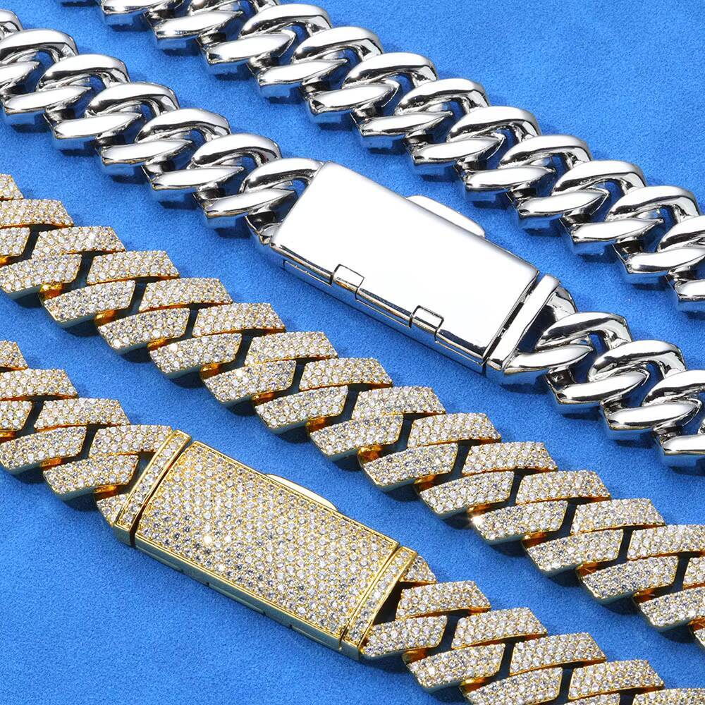 Three Rows Full Diamonds S925 Silver Moissanite Necklace for Men Hip Hop Rhombus Cuban Chain Style